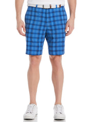 9" Shadow Plaid Golf Short with Active Waistband (Peacoat) 