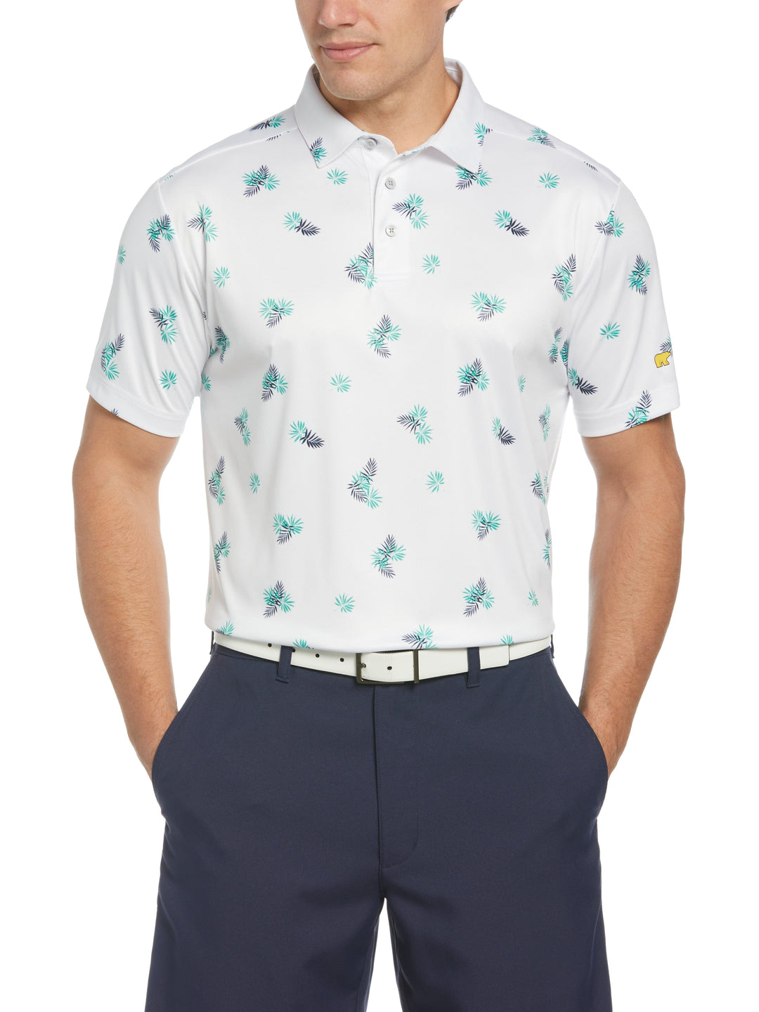 Allover Tropical Print Textured Golf Polo (Bright White) 