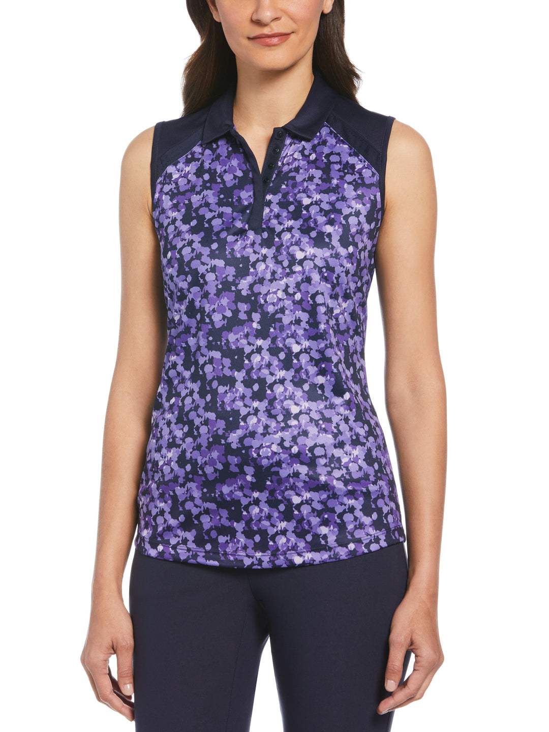 Abstract Print Golf Polo with Skinny Mesh Panels (Peacoat) 