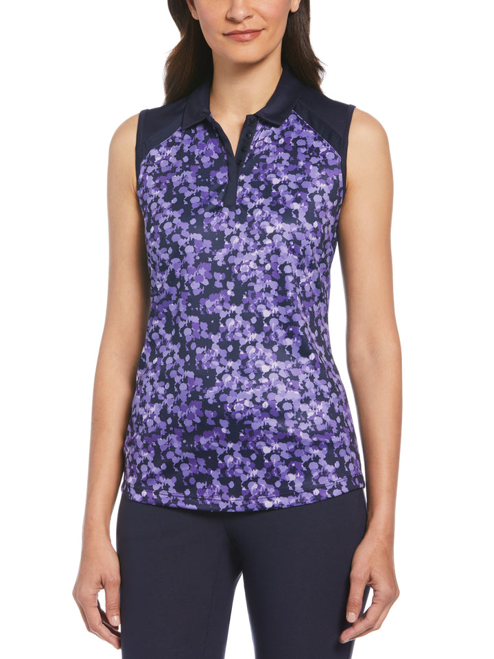 Abstract Print Golf Polo with Skinny Mesh Panels (Peacoat) 