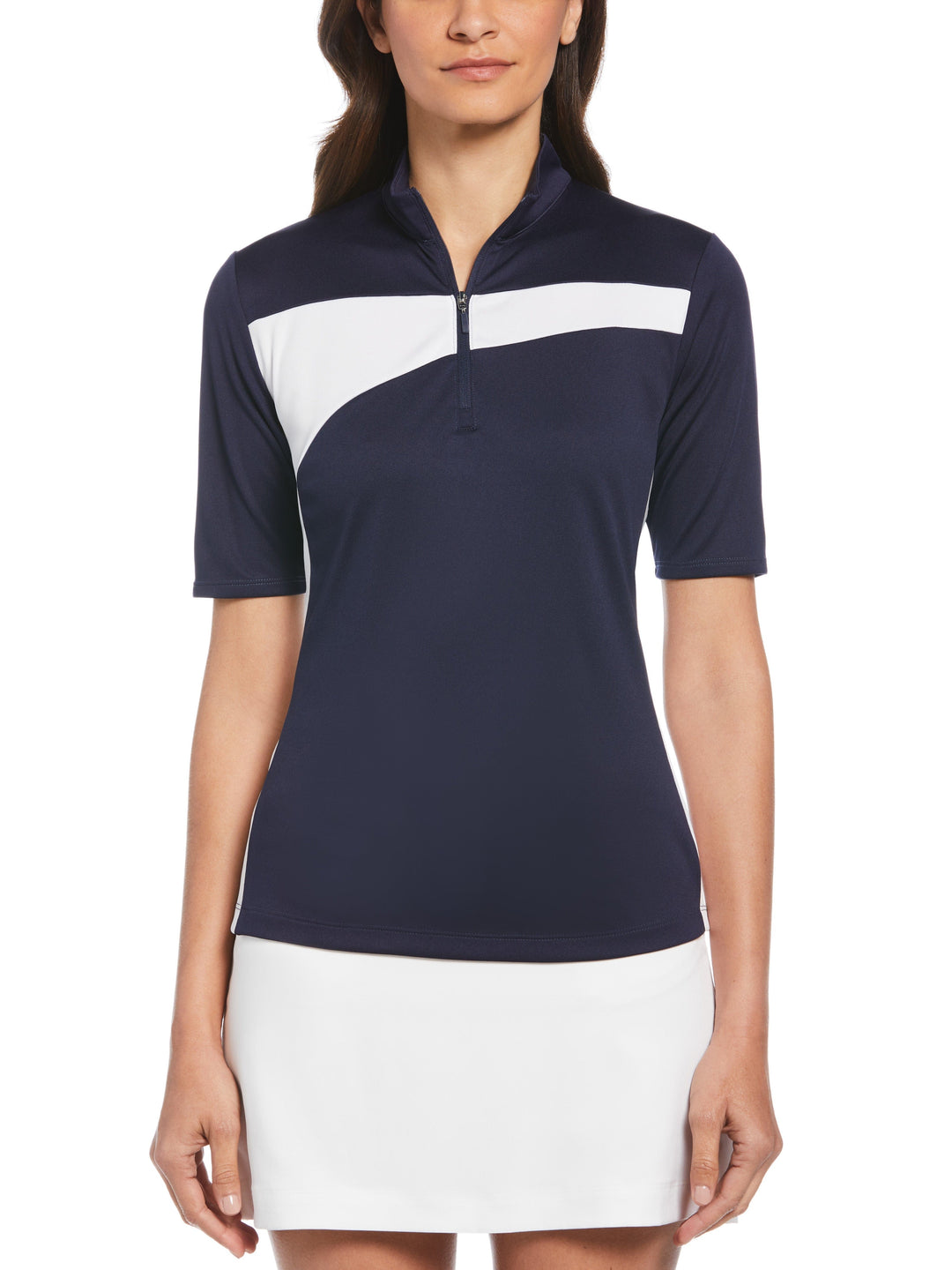 Color Block Zip Mock Neck Golf Polo (Peacoat) 