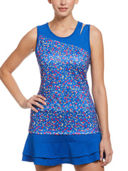 Confetti Geo Printed Asymmetrical Tennis Tank with Mesh Blocking (Lapis Blue) 