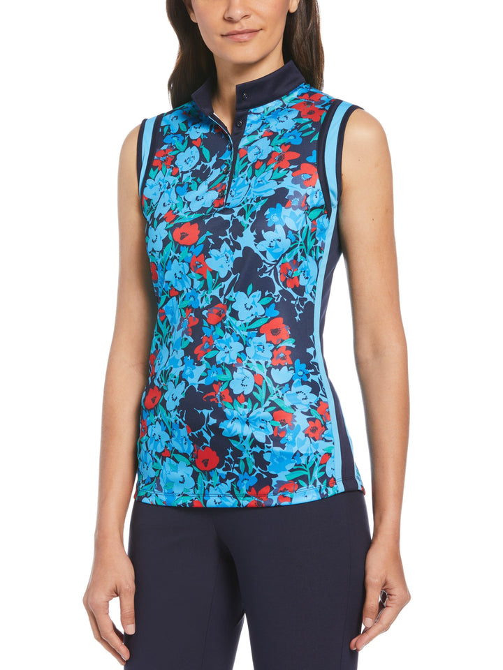 Women's Floral Print Golf Polo with Color Block Detail
