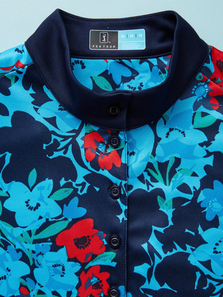 Women's Floral Print Golf Polo with Color Block Detail