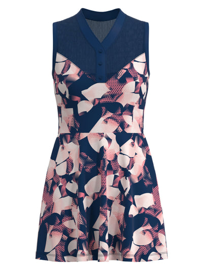 Floral Print Tennis Dress with Mesh Yoke (Blueberry Pancake) 