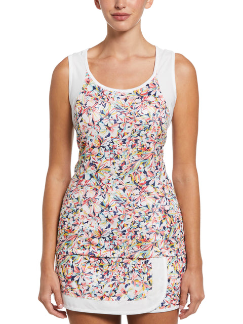 Floral Printed Racerback Tennis Tank Top with Mesh Inserts (Brilliant White) 