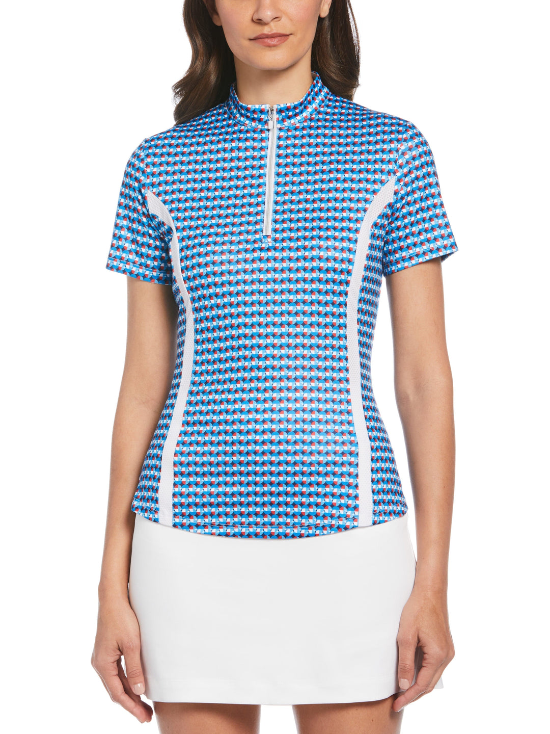 Geo Print Golf Polo with Mesh Sleeve Inserts (Bright White) 